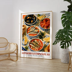 Spanish Conservas Kitchen Wall Art - large framed print room setting chair plant