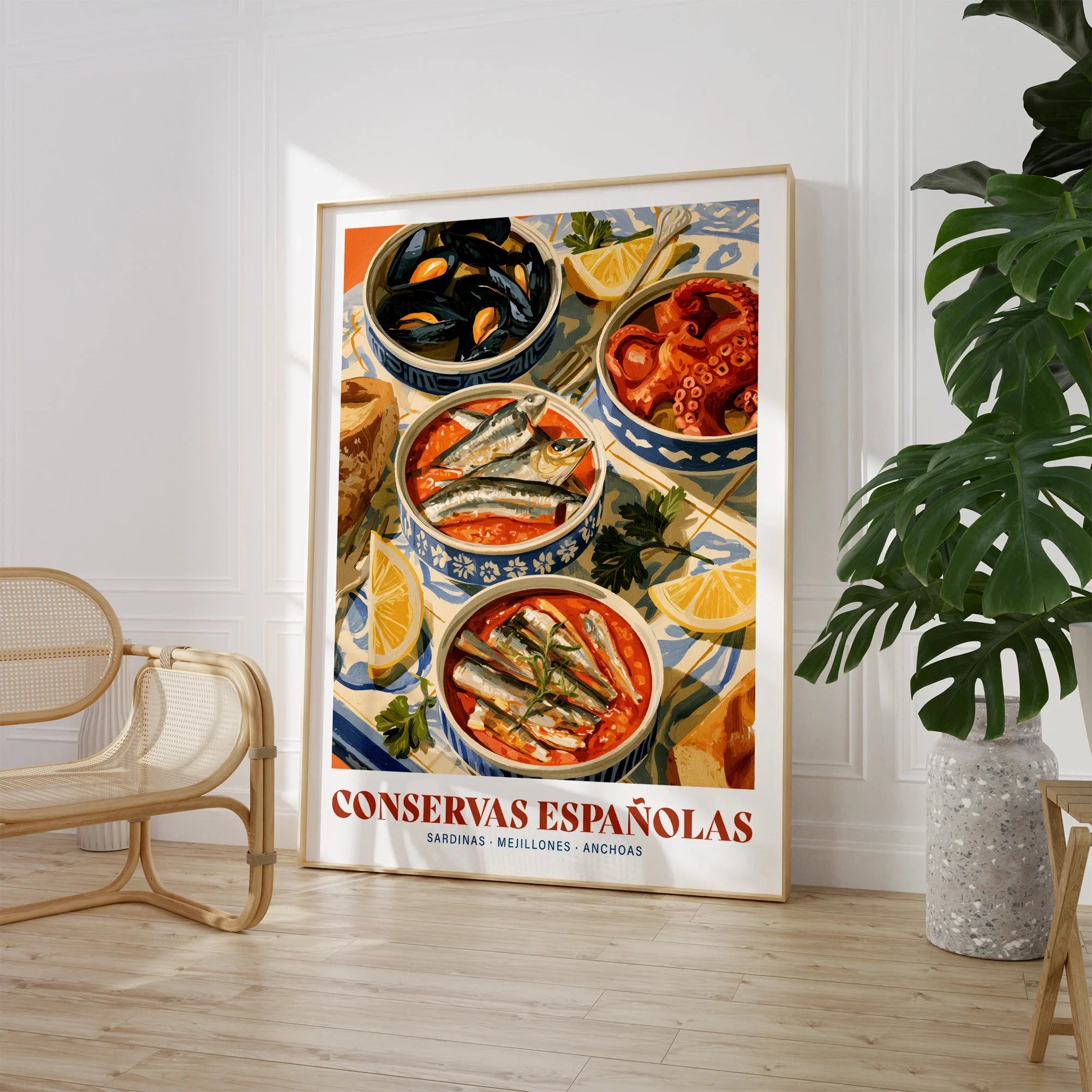 Spanish Conservas Kitchen Wall Art - large framed print room setting chair plant