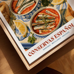 Spanish Conservas Kitchen Wall Art - closeup framed canvas natural wood floating frame