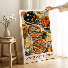 Spanish Conservas Kitchen Wall Art - canvas print mirror edge hand holding room setting