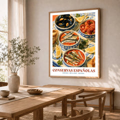 Spanish Conservas Kitchen Wall Art - dining room framed print natural wood frame mockup ThisArtWorld