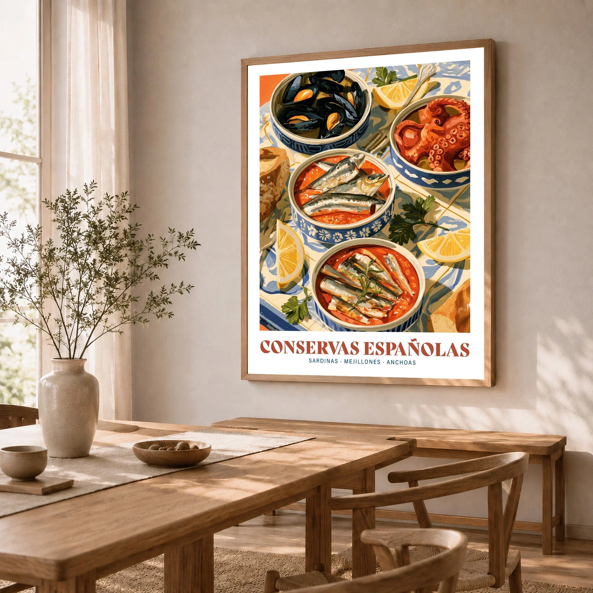 Spanish Conservas Kitchen Wall Art - dining room framed print natural wood frame mockup ThisArtWorld