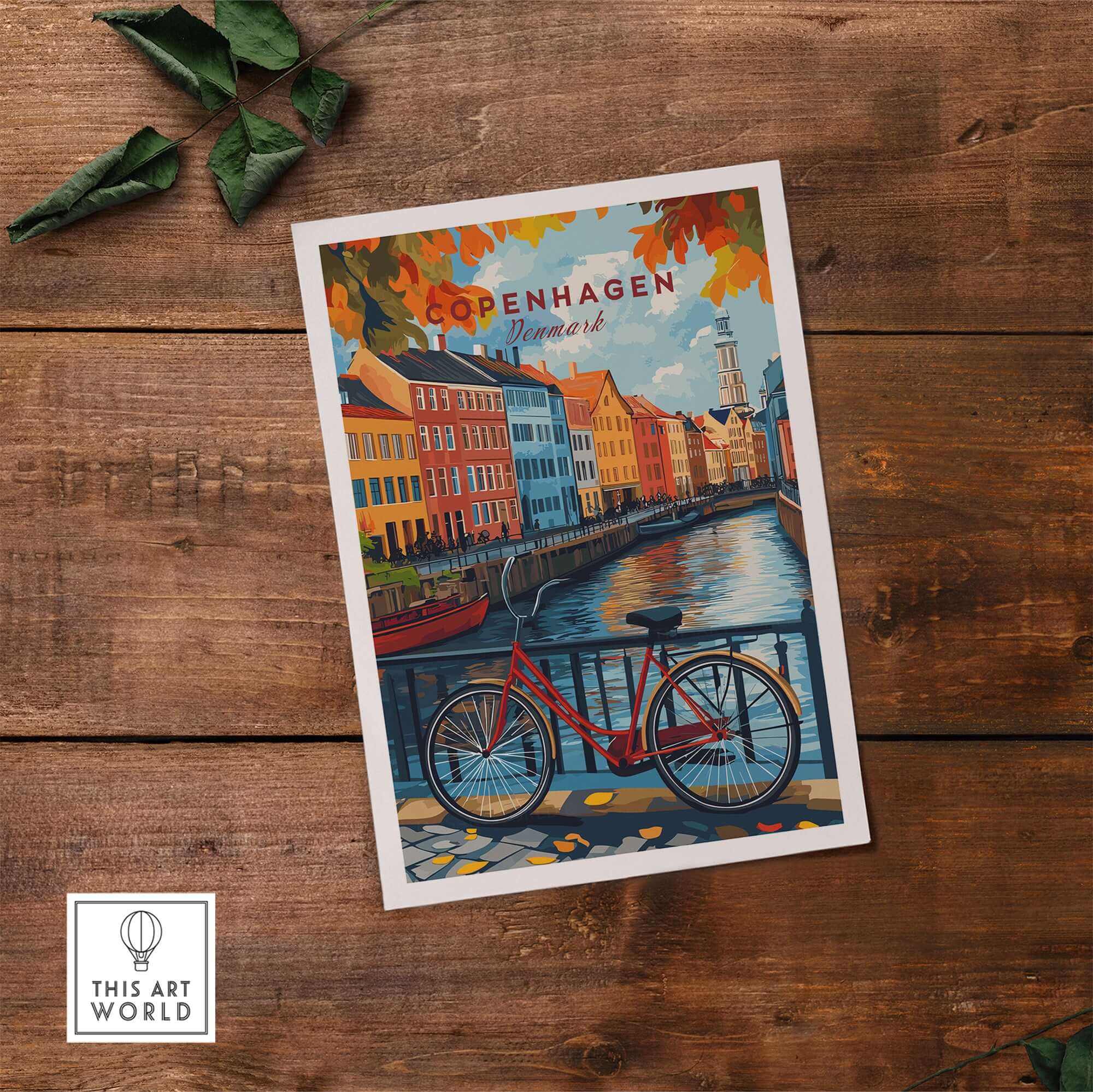 Copenhagen Autumn Art Print - Denmark Canal View, Red Bike Poster on wooden surface with leaves.