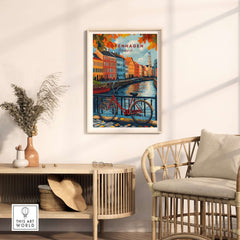 Copenhagen Autumn Art Print - Denmark Canal View, Red Bike Poster displayed in a cozy living room setting.
