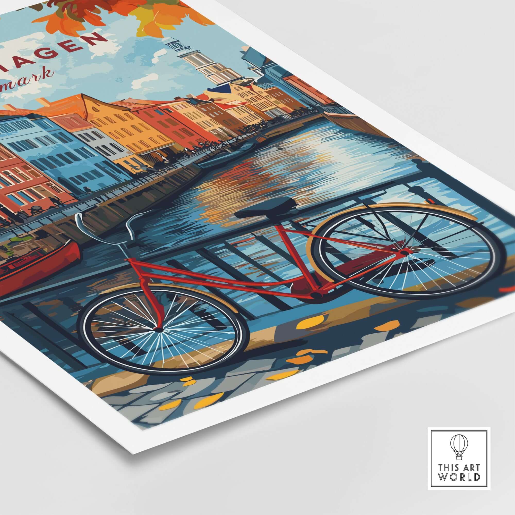 Copenhagen Autumn Art Print - Denmark Canal View, Red Bike Poster with bicycle and colorful canal houses.