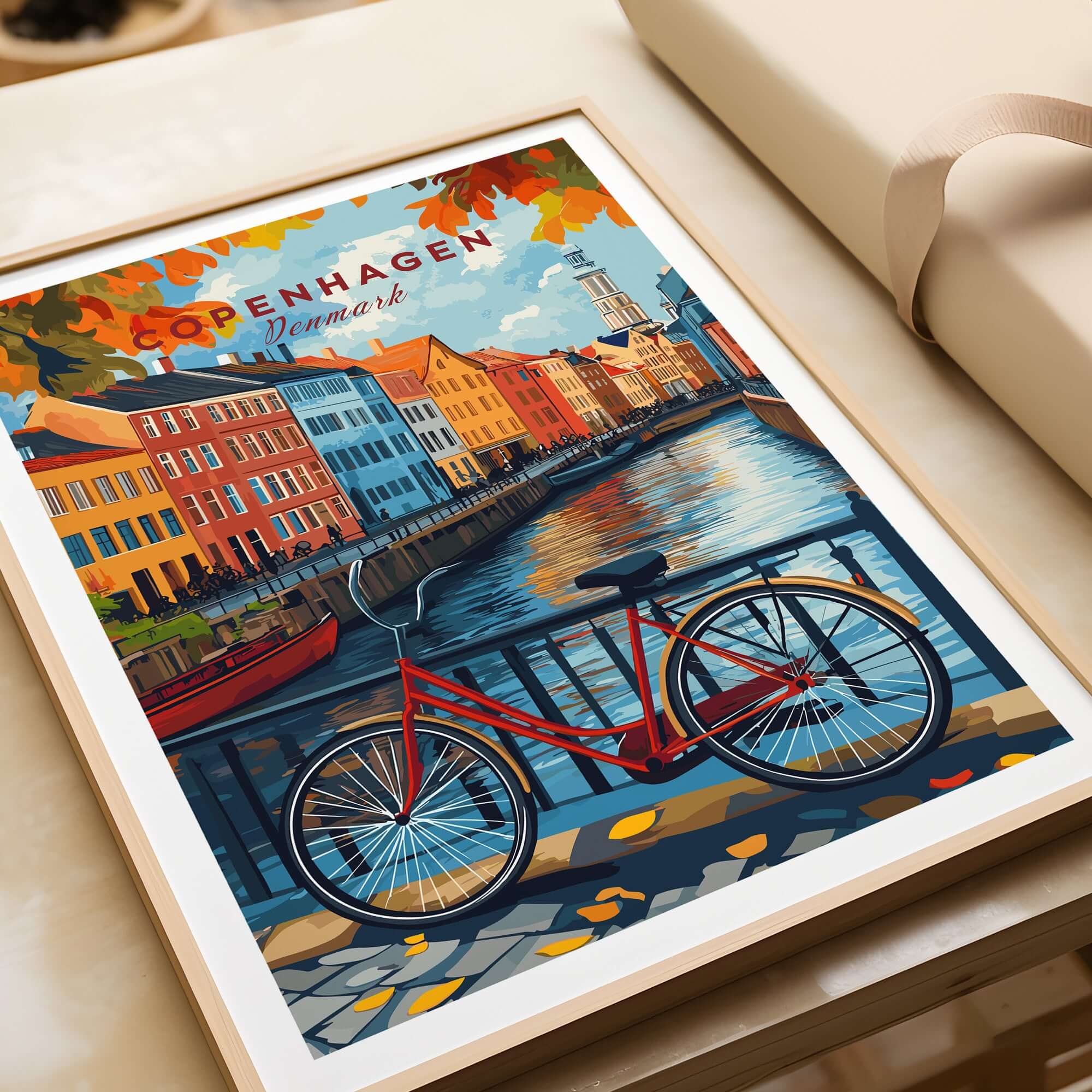 Copenhagen Autumn Art Print - Denmark Canal View, Red Bike Poster featuring a vibrant red bicycle by a canal.