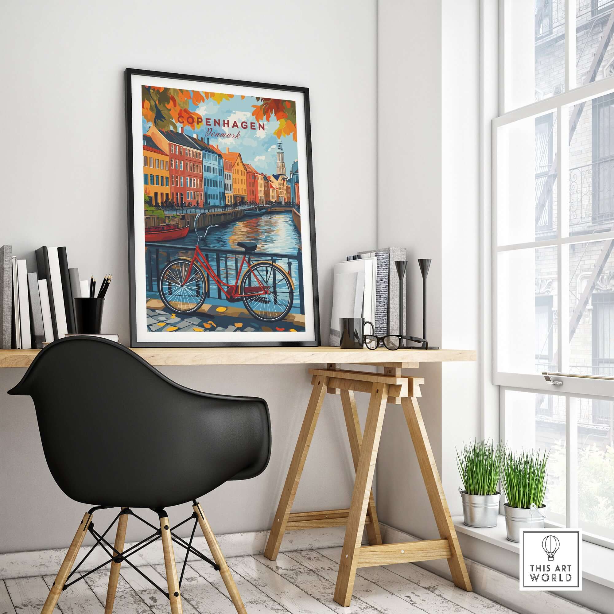 Copenhagen Autumn Art Print - Denmark Canal View, Red Bike Poster displayed in a stylish interior near a window.