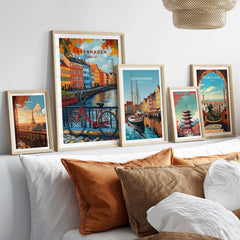 Copenhagen Autumn Art Print - Denmark Canal View, Red Bike Poster displayed in a cozy living room setting with various other prints.