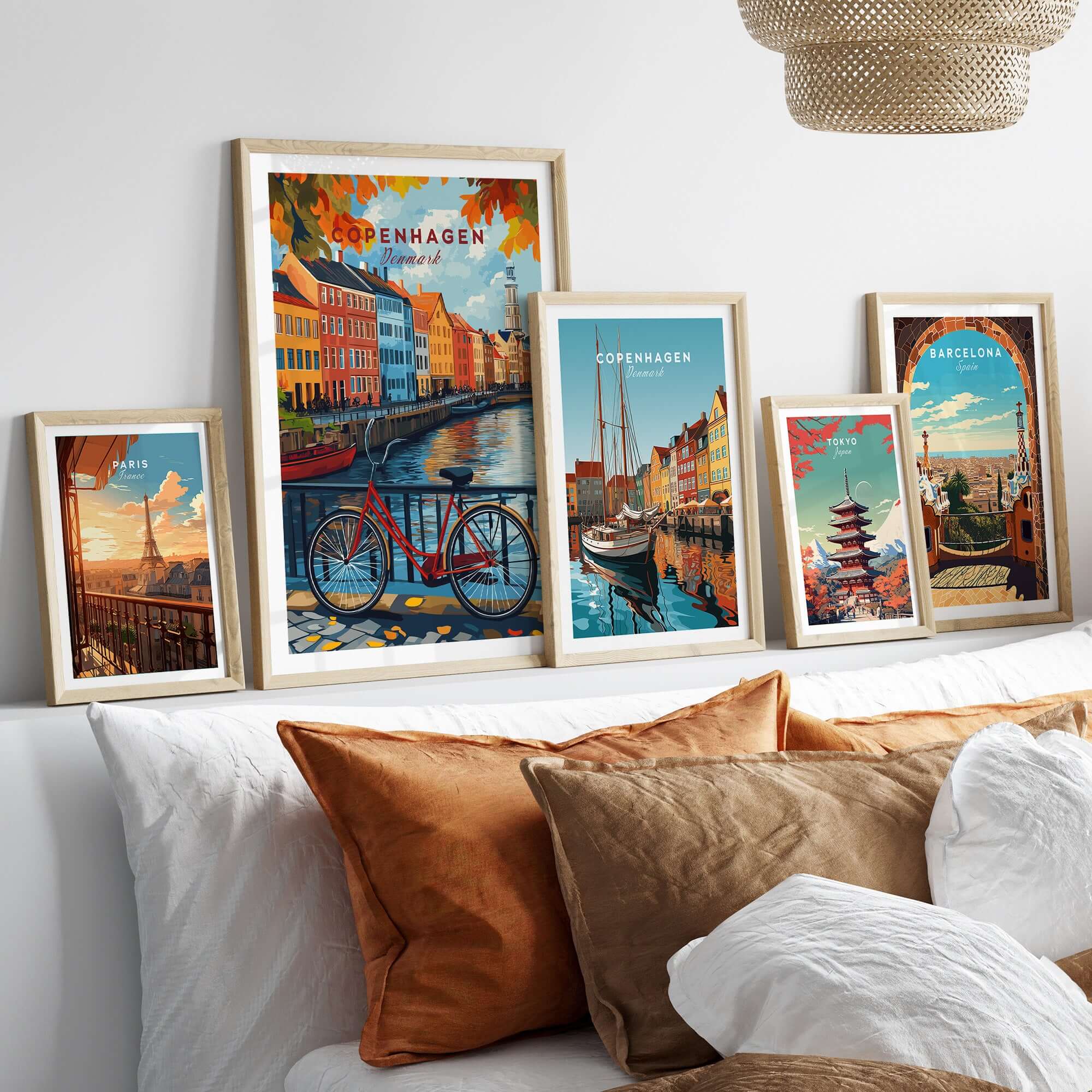 Copenhagen Autumn Art Print - Denmark Canal View, Red Bike Poster displayed in a cozy living room setting with various other prints.