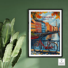 Copenhagen Autumn Art Print - Denmark Canal View, Red Bike Poster featuring a red bicycle and colorful canal houses.