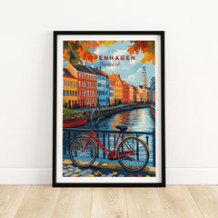 Copenhagen Autumn Art Print - Denmark Canal View, Red Bike Poster featuring a red bicycle by colorful canal houses.