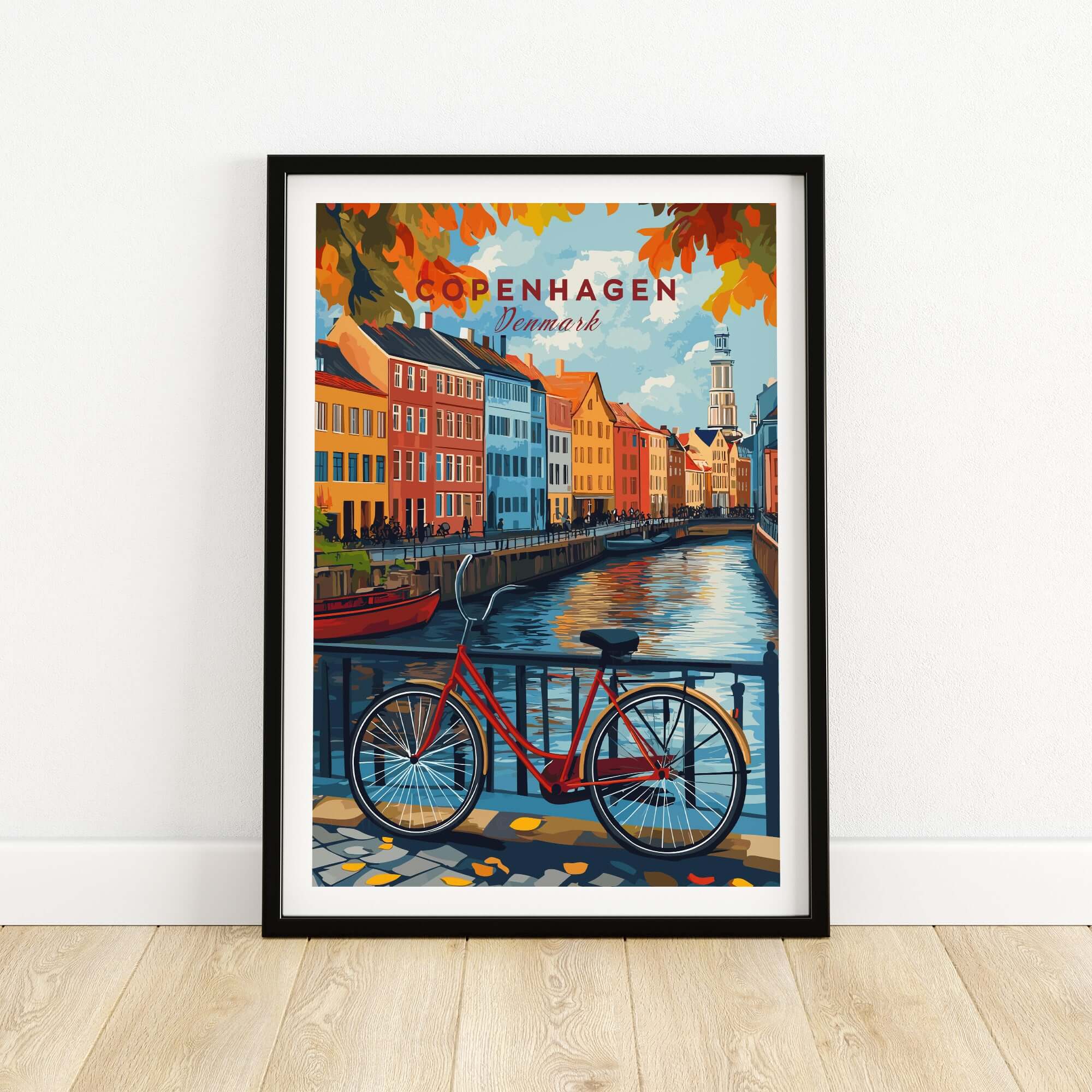 Copenhagen Autumn Art Print - Denmark Canal View, Red Bike Poster featuring a red bicycle by colorful canal houses.