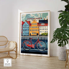 Copenhagen Denmark Art Print - Cityscape Poster, Red Bicycle Canal View in a stylish interior setting.