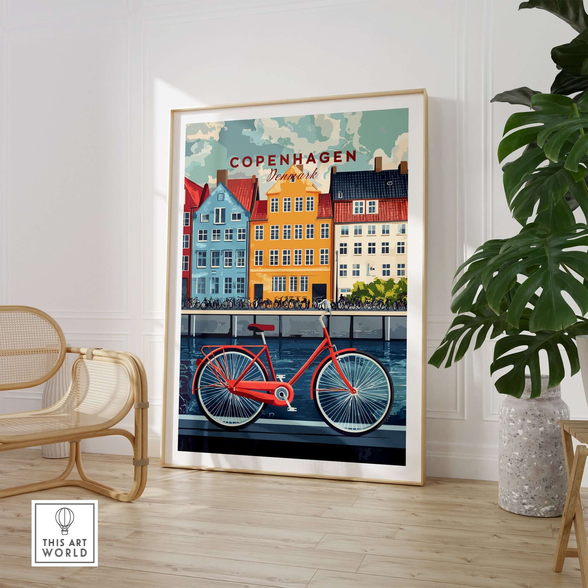 Copenhagen Denmark Art Print - Cityscape Poster, Red Bicycle Canal View in a stylish interior setting.