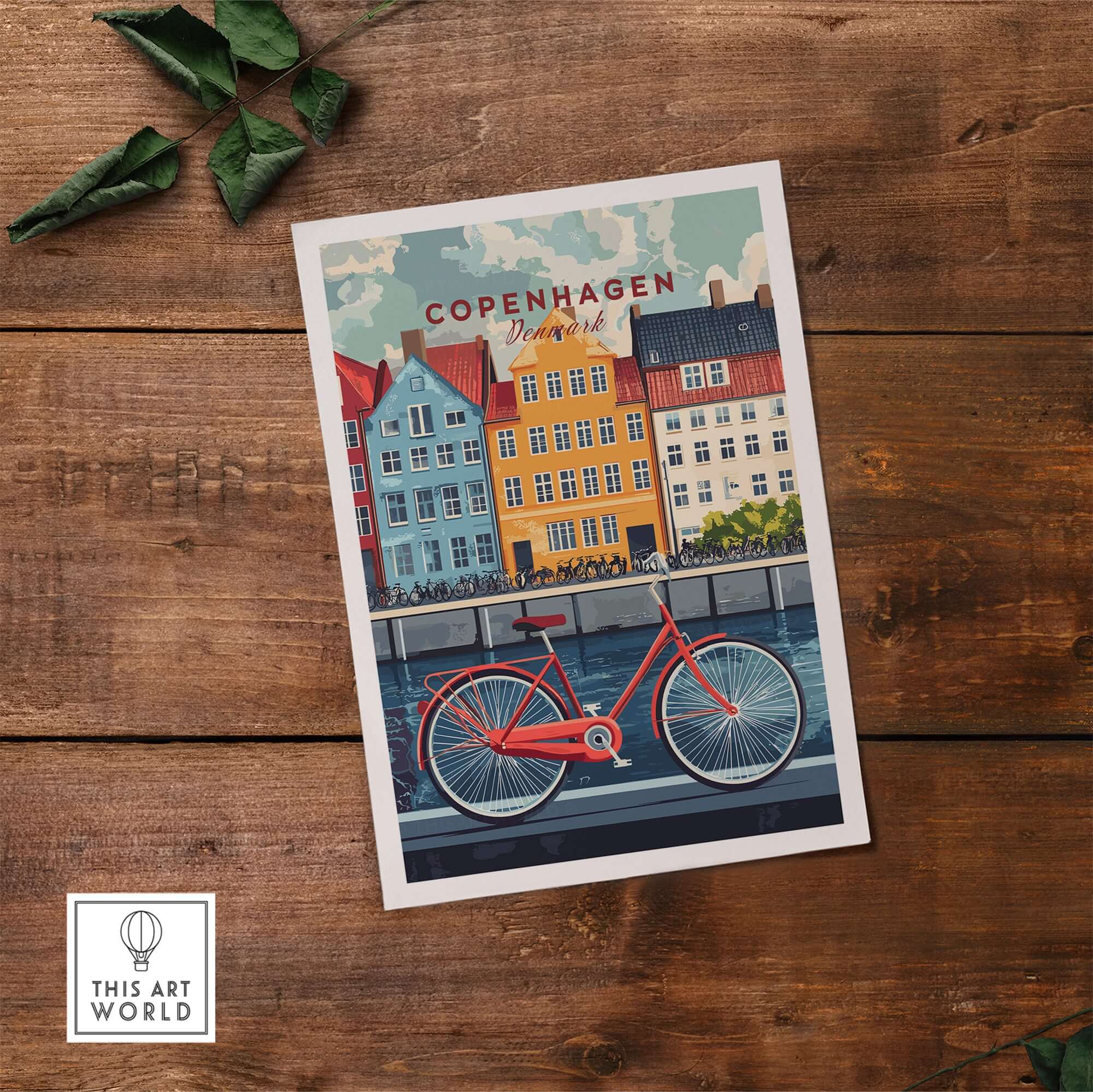 Copenhagen Denmark Art Print - Cityscape Poster, Red Bicycle Canal View with colorful buildings and a canal