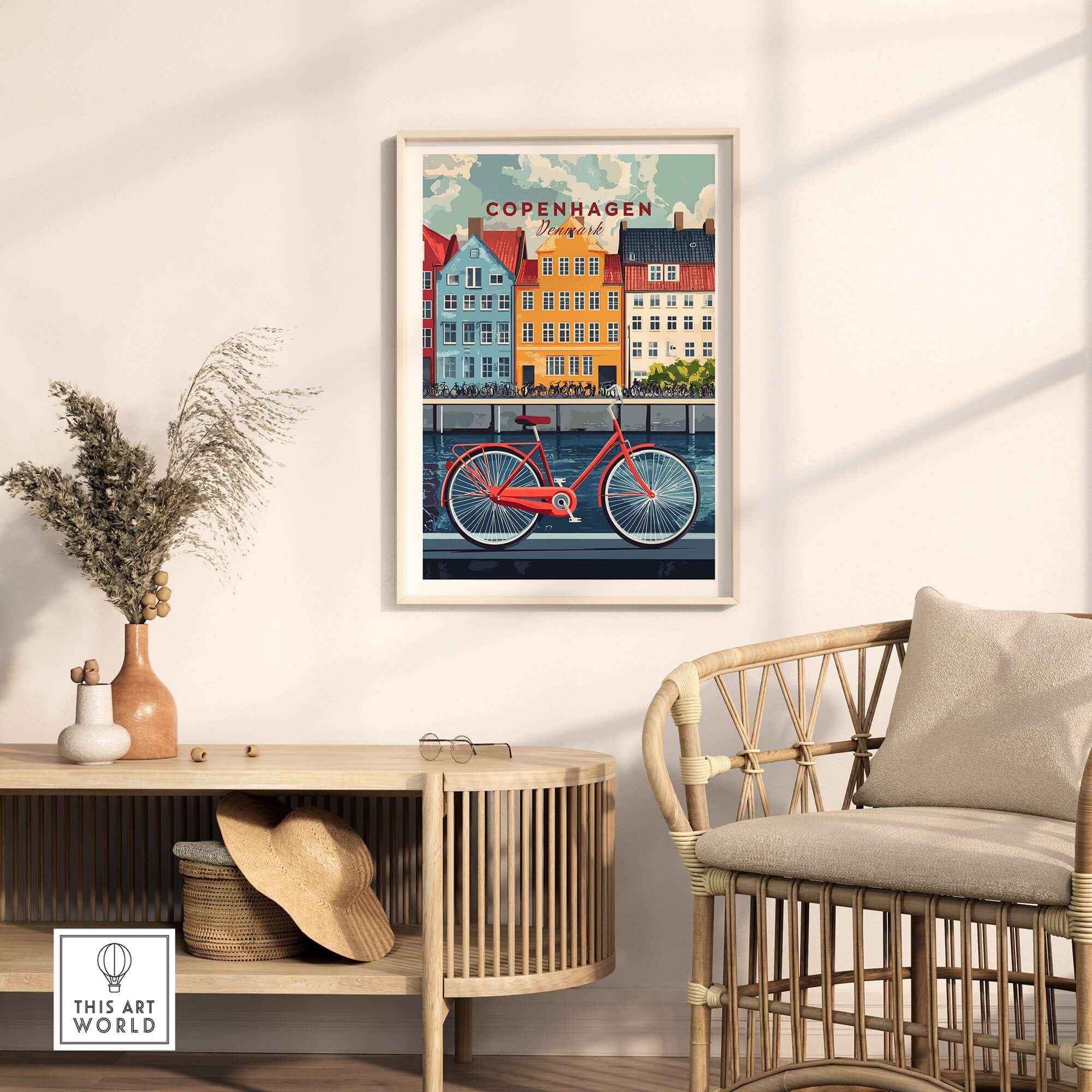 Copenhagen Denmark Art Print - Cityscape Poster, Red Bicycle Canal View displayed in a stylish living room setting.