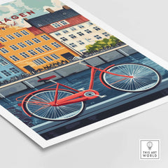 Copenhagen Denmark Art Print - Cityscape Poster, Red Bicycle Canal View featuring a red bicycle beside colorful buildings.