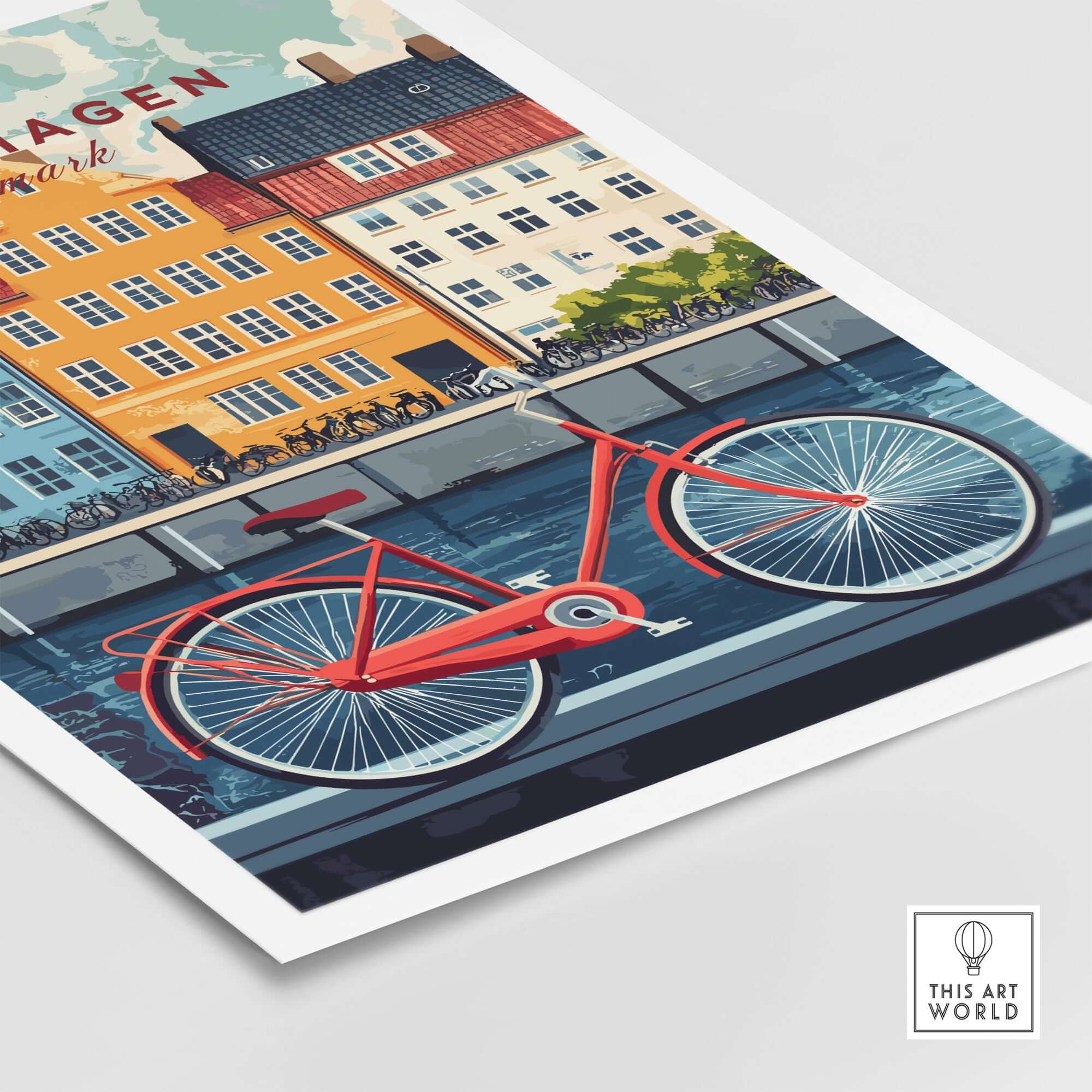 Copenhagen Denmark Art Print - Cityscape Poster, Red Bicycle Canal View featuring a red bicycle beside colorful buildings.