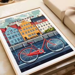 Copenhagen Denmark Art Print - Cityscape Poster, Red Bicycle Canal View showcasing colorful buildings and a red bicycle.