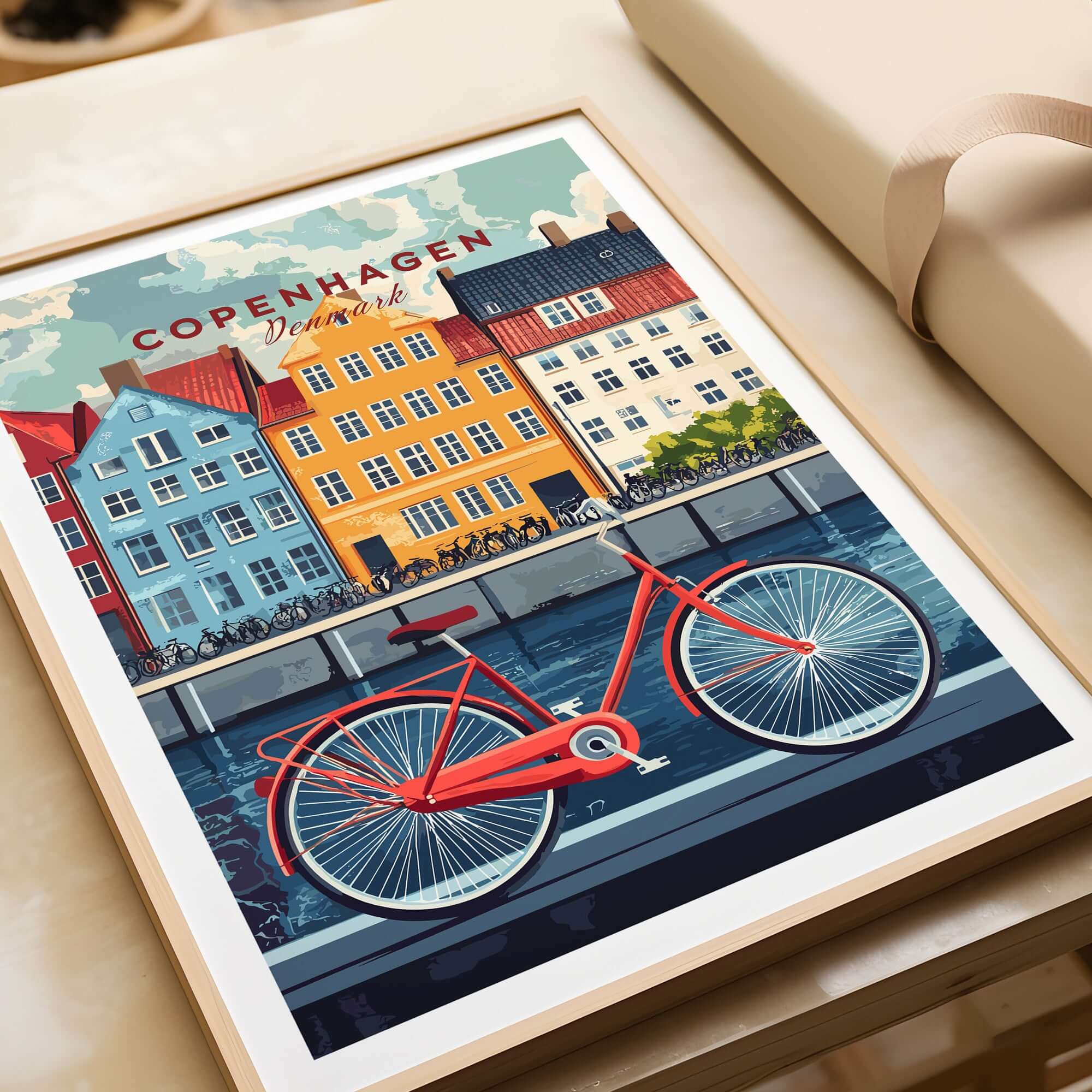 Copenhagen Denmark Art Print - Cityscape Poster, Red Bicycle Canal View showcasing colorful buildings and a red bicycle.