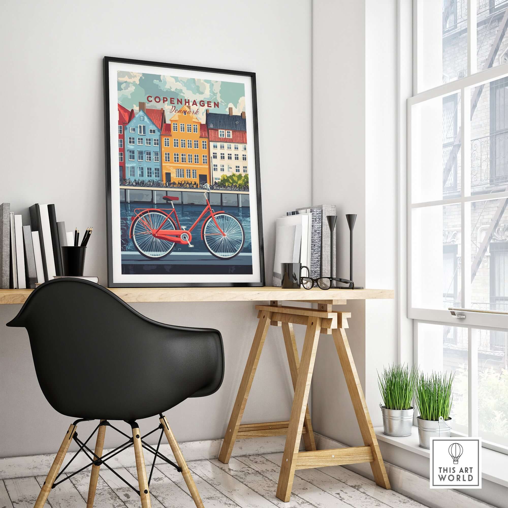 Copenhagen Denmark Art Print - Cityscape Poster, Red Bicycle Canal View displayed in a stylish interior setting.