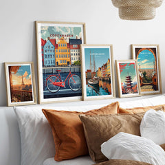 Copenhagen Denmark Art Print - Cityscape Poster, Red Bicycle Canal View framed art displayed on a stylish bed.