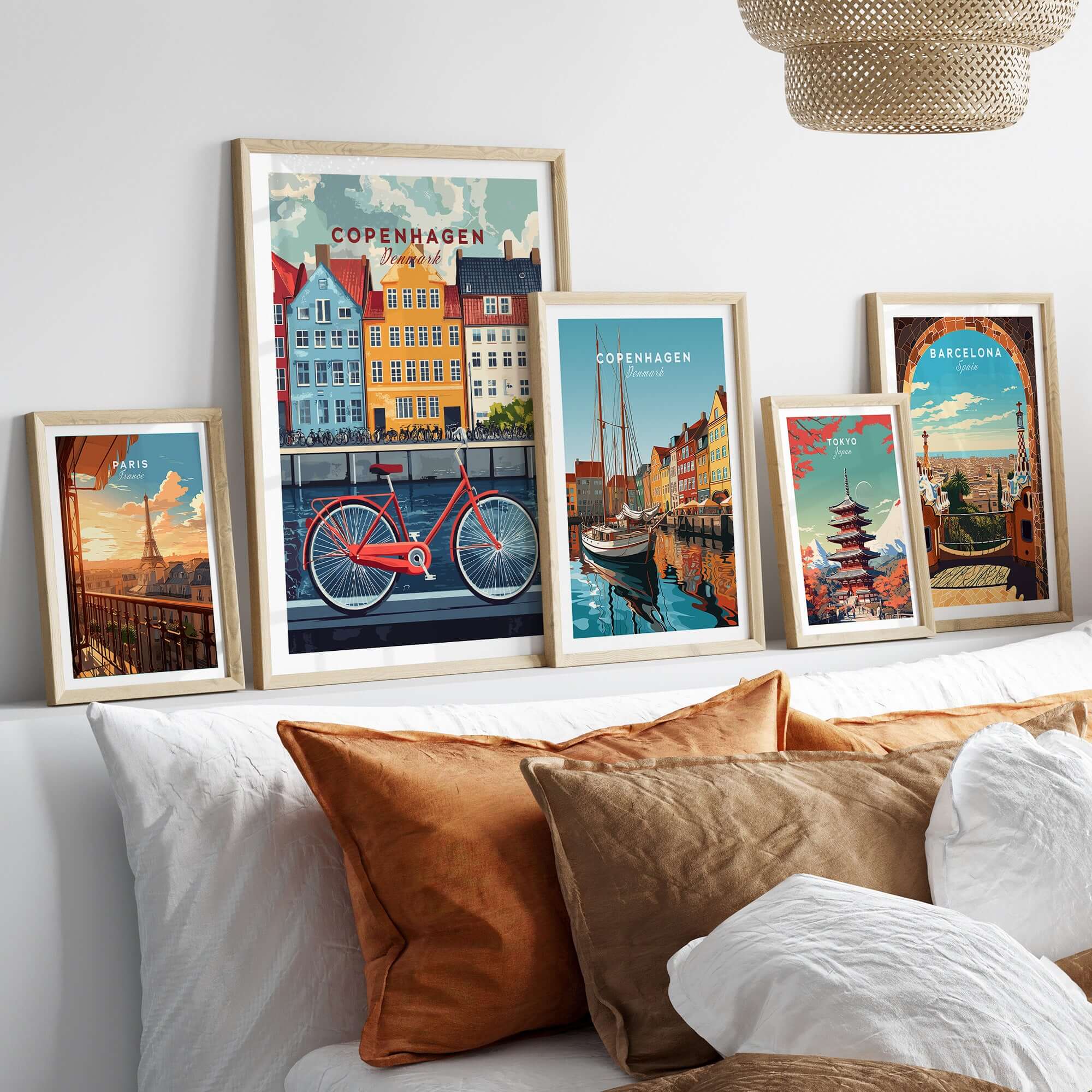 Copenhagen Denmark Art Print - Cityscape Poster, Red Bicycle Canal View framed art displayed on a stylish bed.