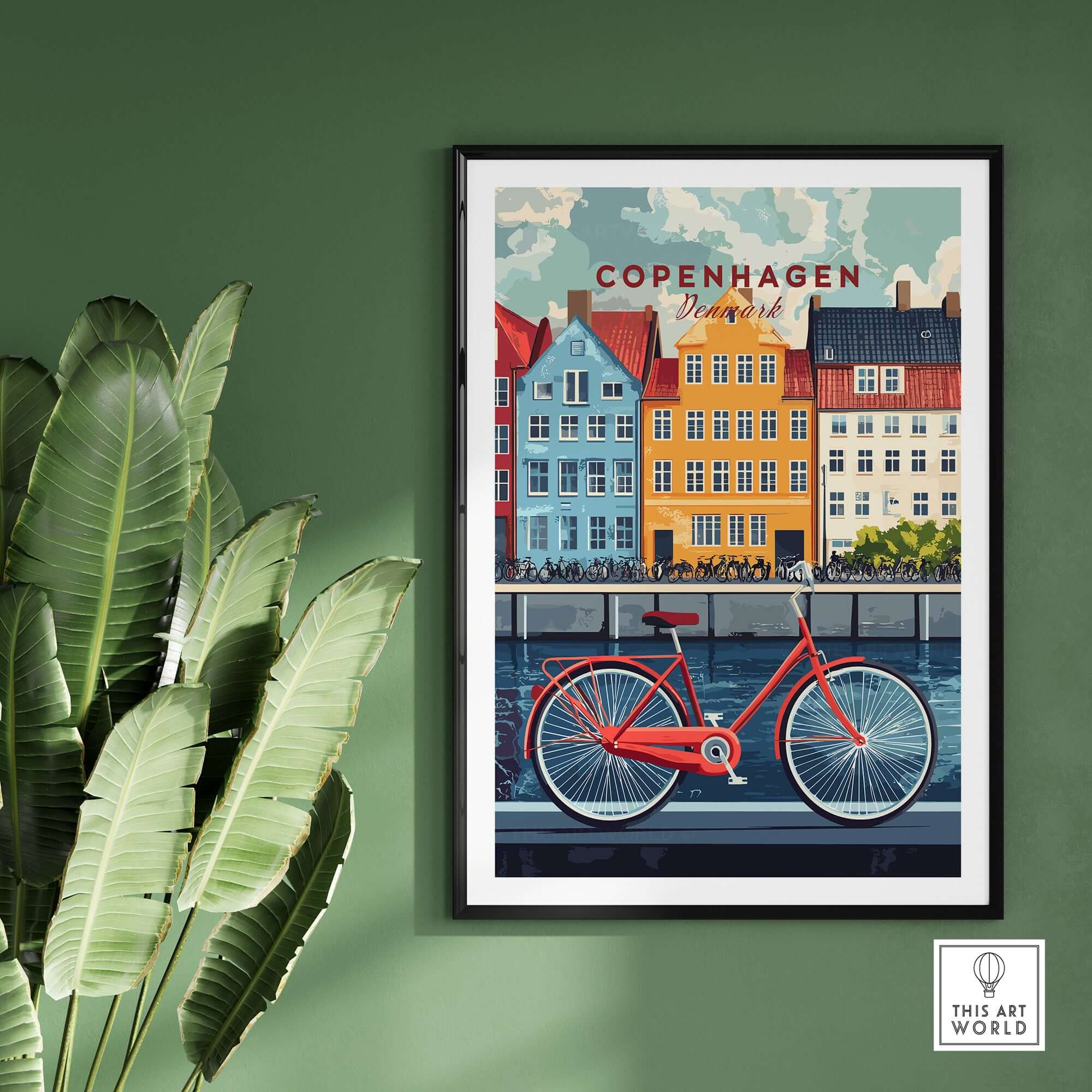 Copenhagen Denmark Art Print - Cityscape Poster, Red Bicycle Canal View on a wall with green plant.