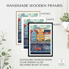 Copenhagen Denmark Art Print - Cityscape Poster, Red Bicycle Canal View framed in handmade wooden frames.