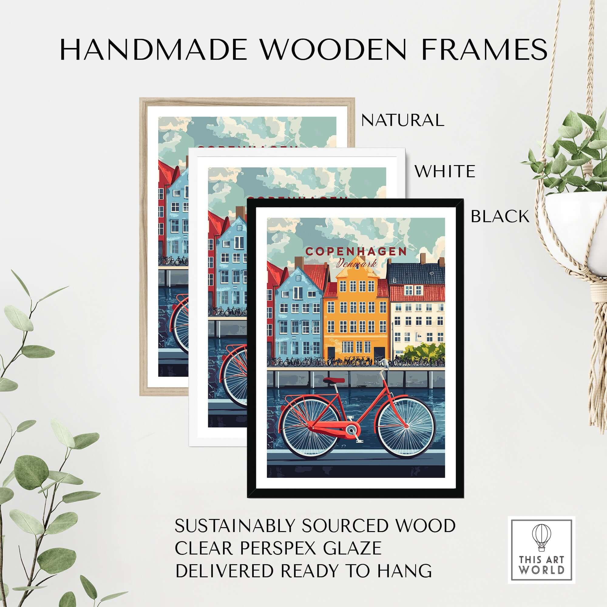 Copenhagen Denmark Art Print - Cityscape Poster, Red Bicycle Canal View framed in handmade wooden frames.