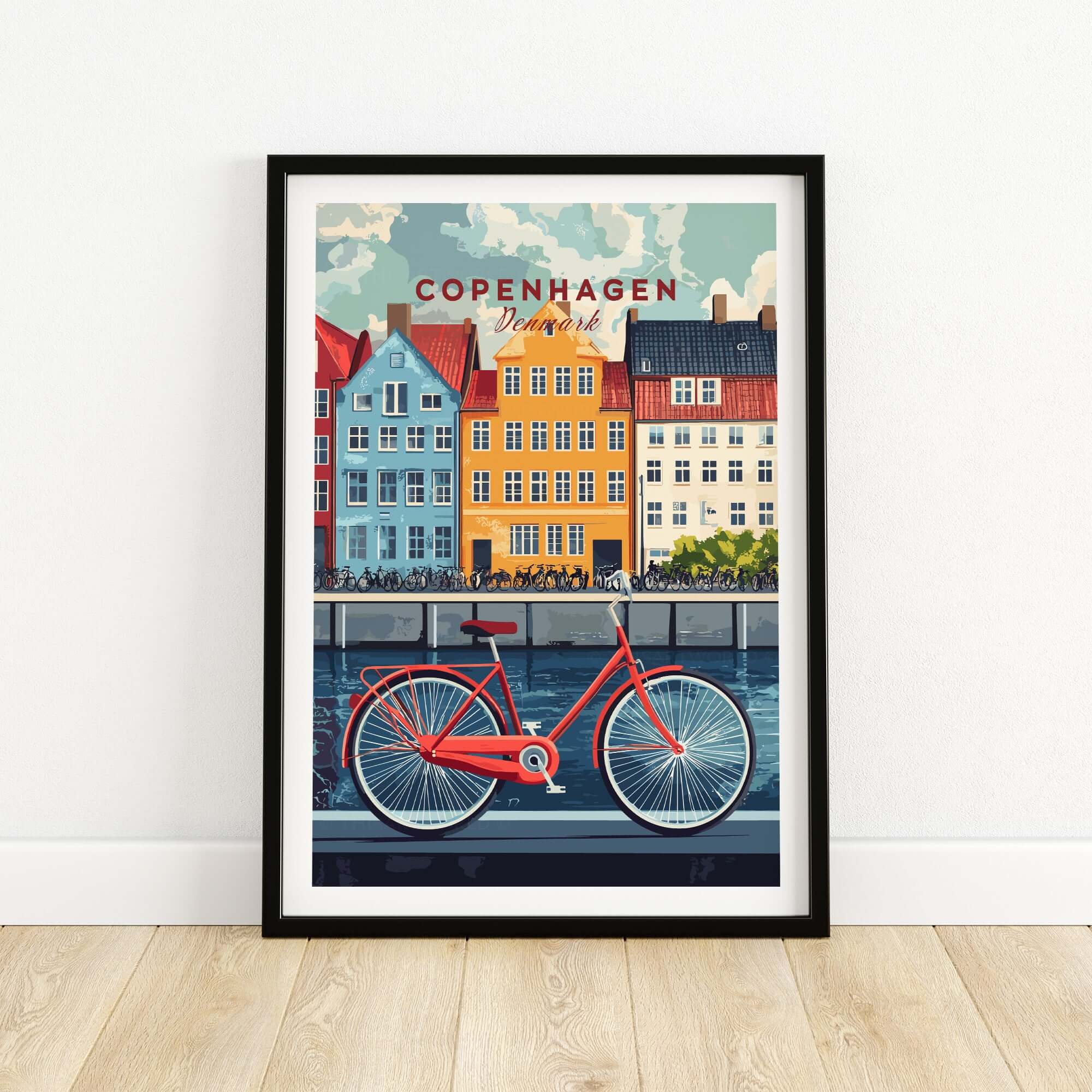 Copenhagen Denmark Art Print - Cityscape Poster, Red Bicycle Canal View