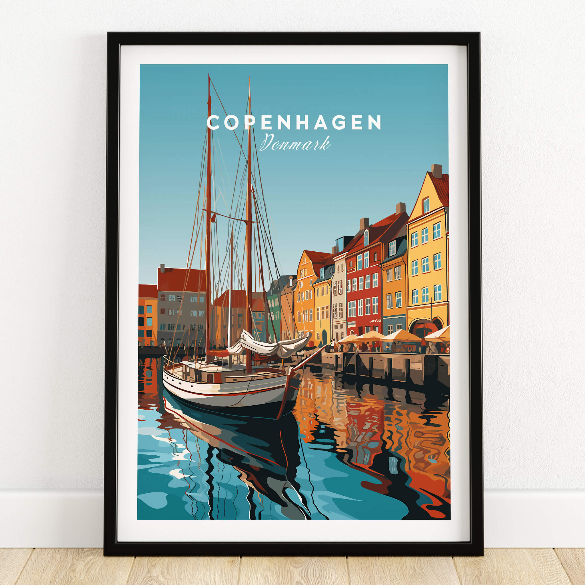 Copenhagen Travel Poster Print featuring a vibrant illustration of a boat in Copenhagen's colorful Nyhavn.