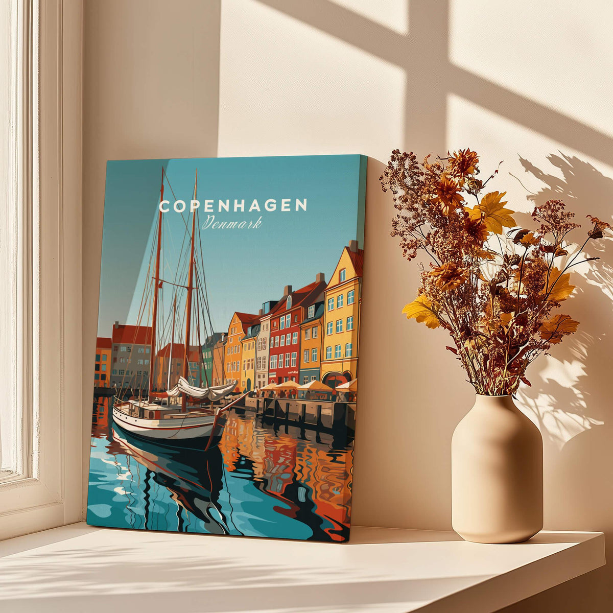 Copenhagen Travel Poster Print featuring vibrant harbor design, perfect for home décor and travel enthusiasts.