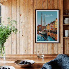 Copenhagen Travel Poster Print featuring a vibrant depiction of Denmark's canals and colorful buildings.