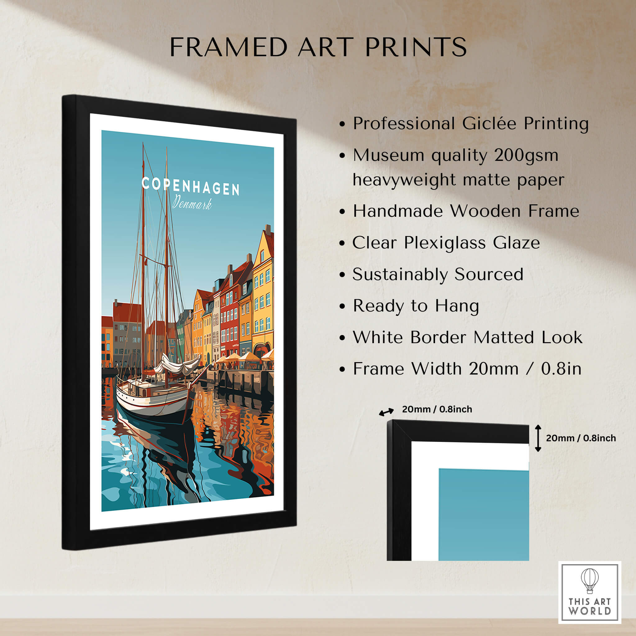 Copenhagen Travel Poster Print in a stylish frame featuring vibrant colors of the city and boats on water.