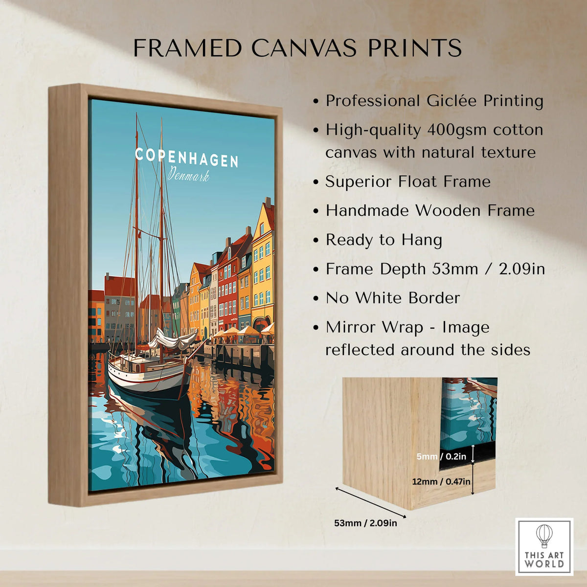 Copenhagen Travel Poster Print framed canvas with vibrant colors depicting Denmark's capital city and designed for home décor.