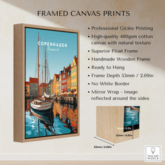 Copenhagen Travel Poster Print framed canvas with vibrant colors depicting Denmark's capital city and designed for home décor.