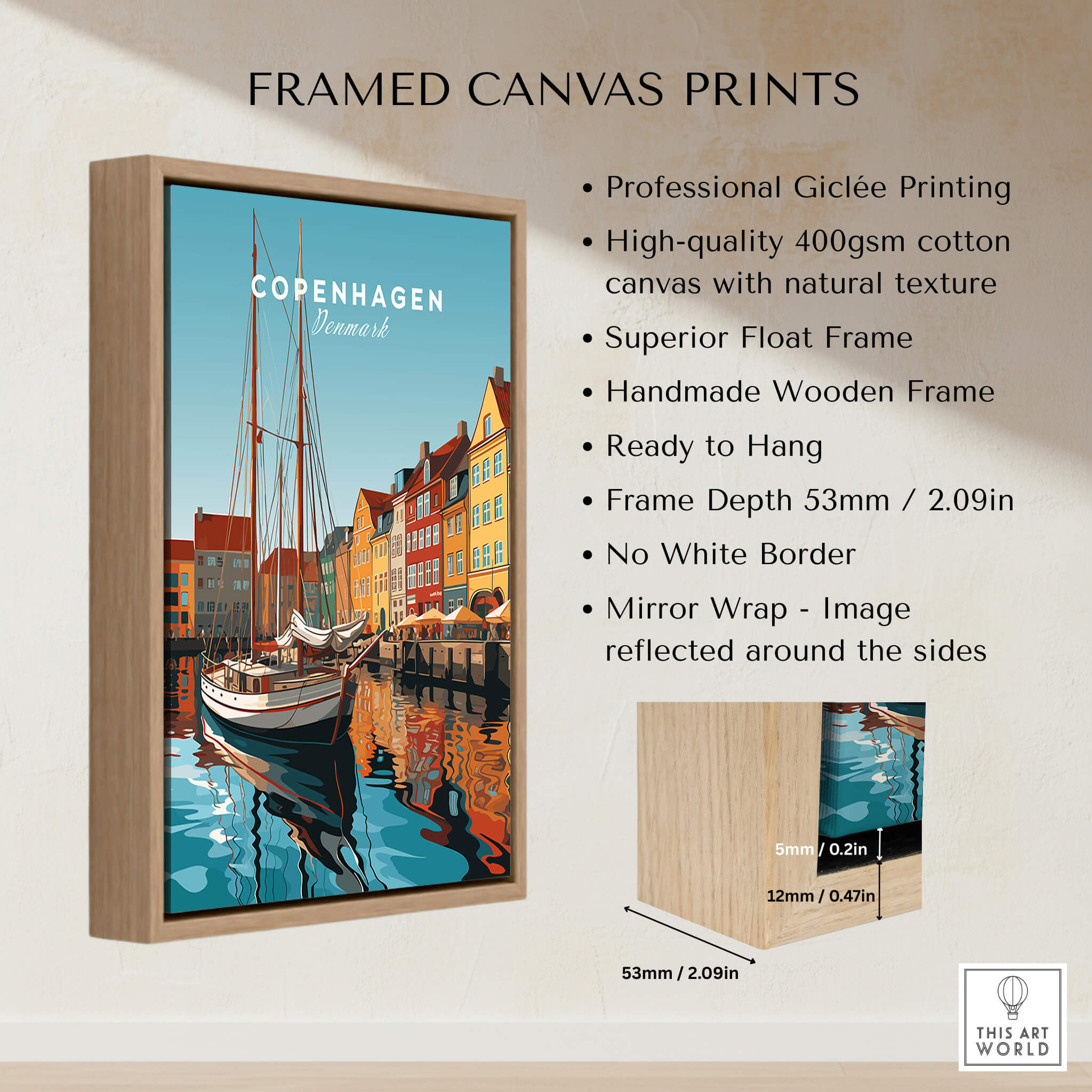 Copenhagen Travel Poster Print framed canvas with vibrant colors depicting Denmark's capital city and designed for home décor.
