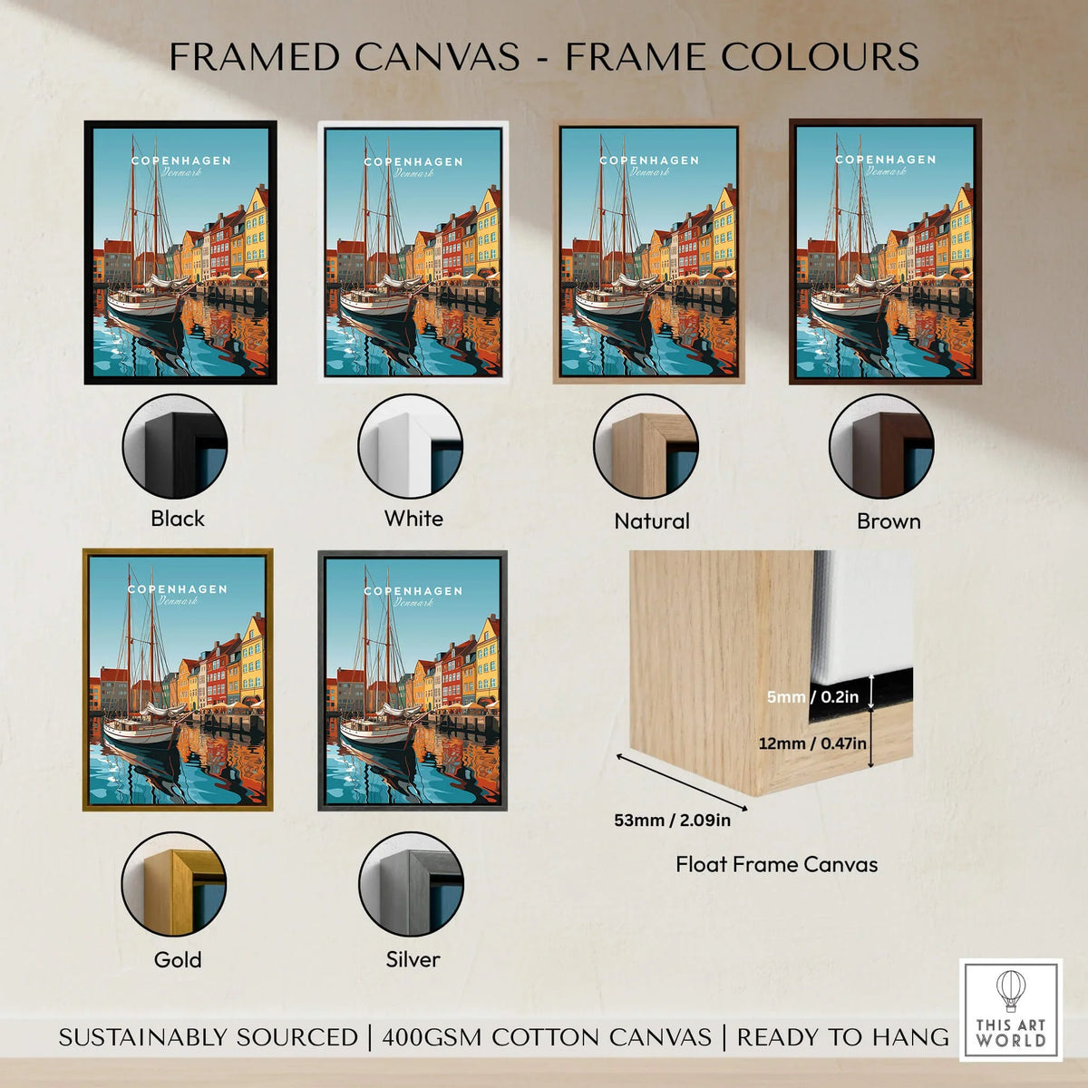 Copenhagen Travel Poster Print framed in various colors including black, white, natural, brown, gold, and silver.