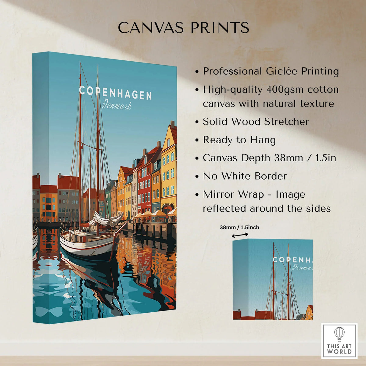 Copenhagen Travel Poster Print showcasing a vibrant design of Copenhagen with boats and colorful buildings.