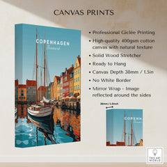 Copenhagen Travel Poster Print showcasing a vibrant design of Copenhagen with boats and colorful buildings.