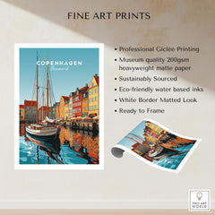 Copenhagen Travel Poster Print showcasing vibrant design of Denmark's capital with boat and colorful buildings.