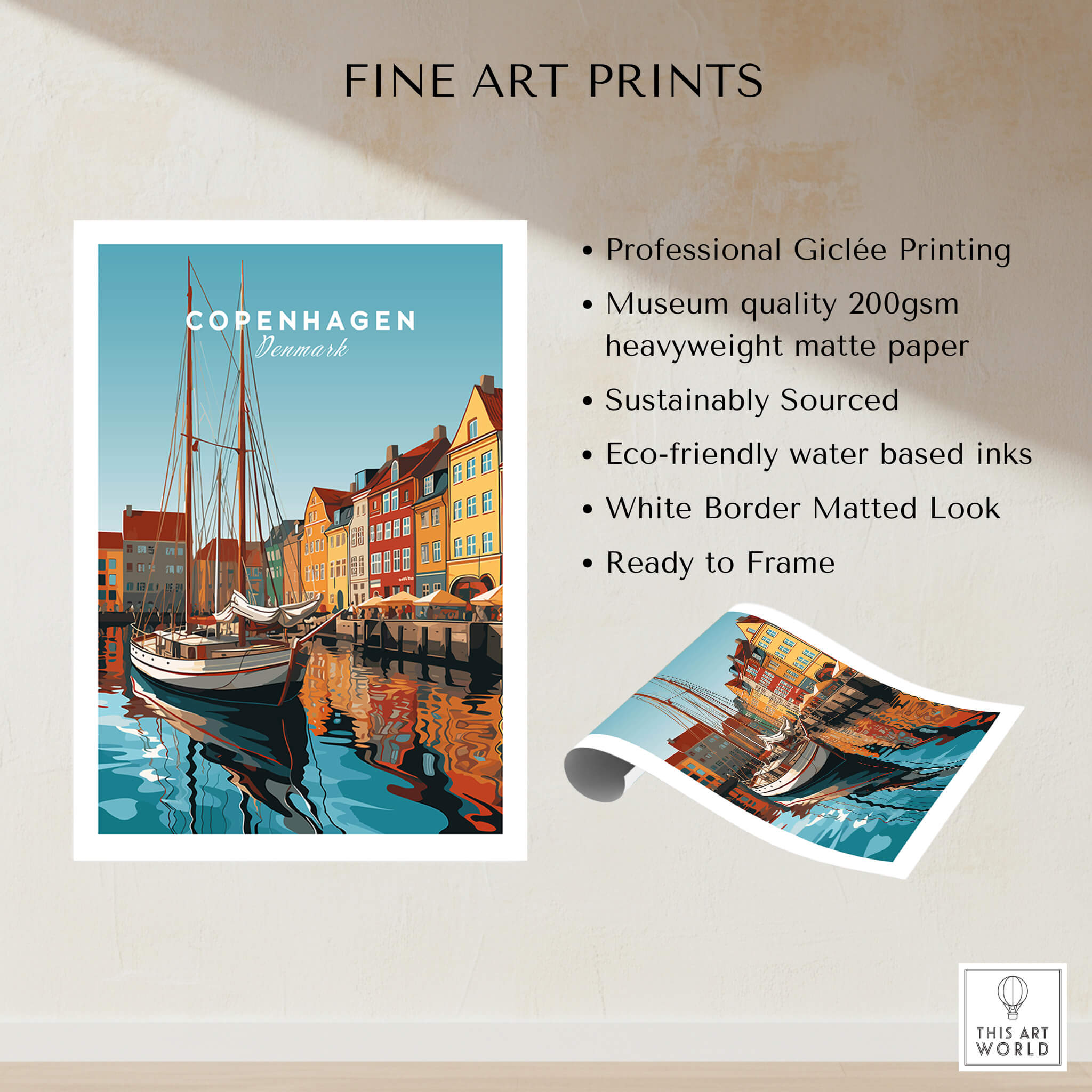 Copenhagen Travel Poster Print showcasing vibrant design of Denmark's capital with boat and colorful buildings.