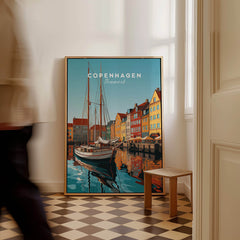 Copenhagen Travel Poster Print featuring vibrant harbor scene in Denmark's capital, perfect for home décor.