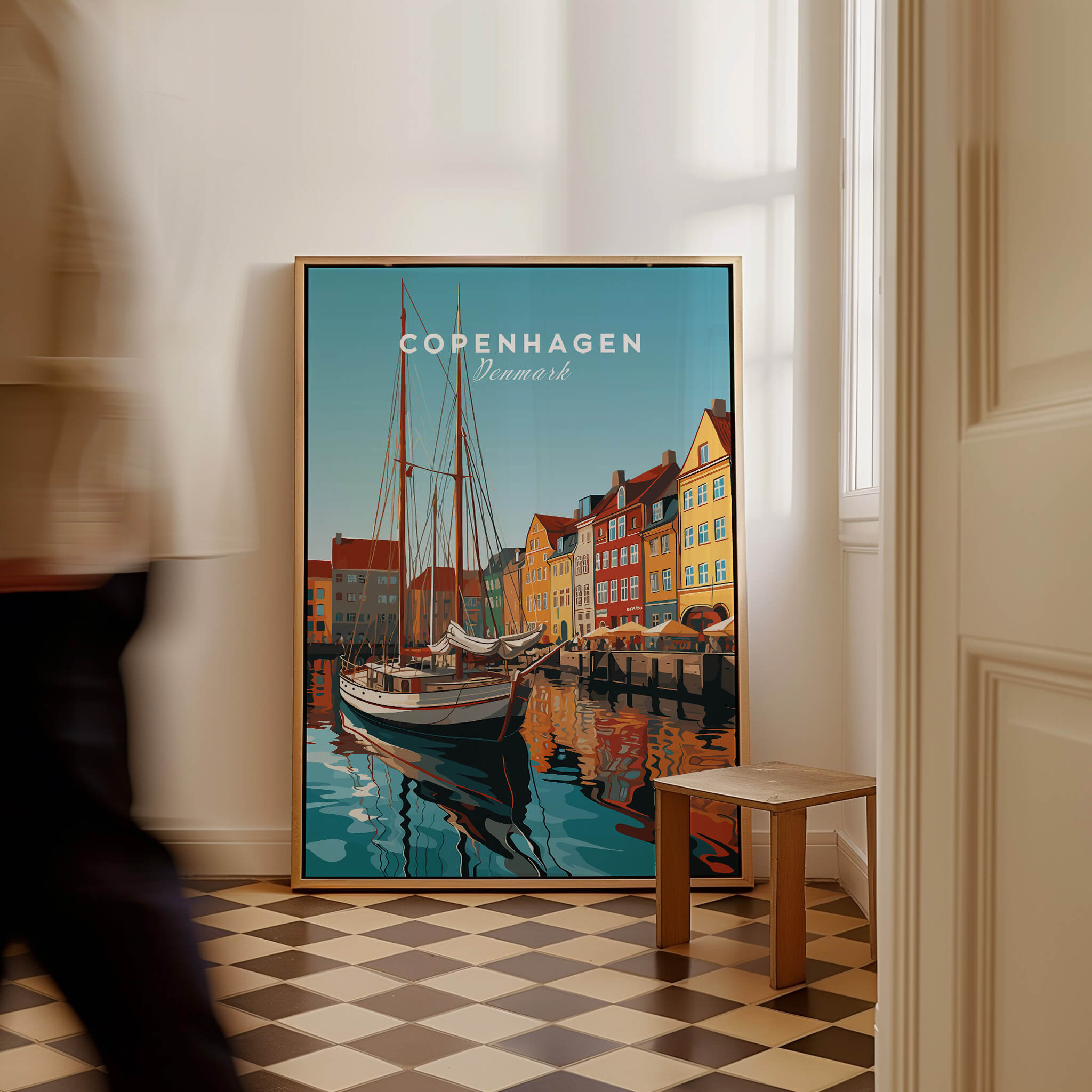 Copenhagen Travel Poster Print featuring vibrant harbor scene in Denmark's capital, perfect for home décor.