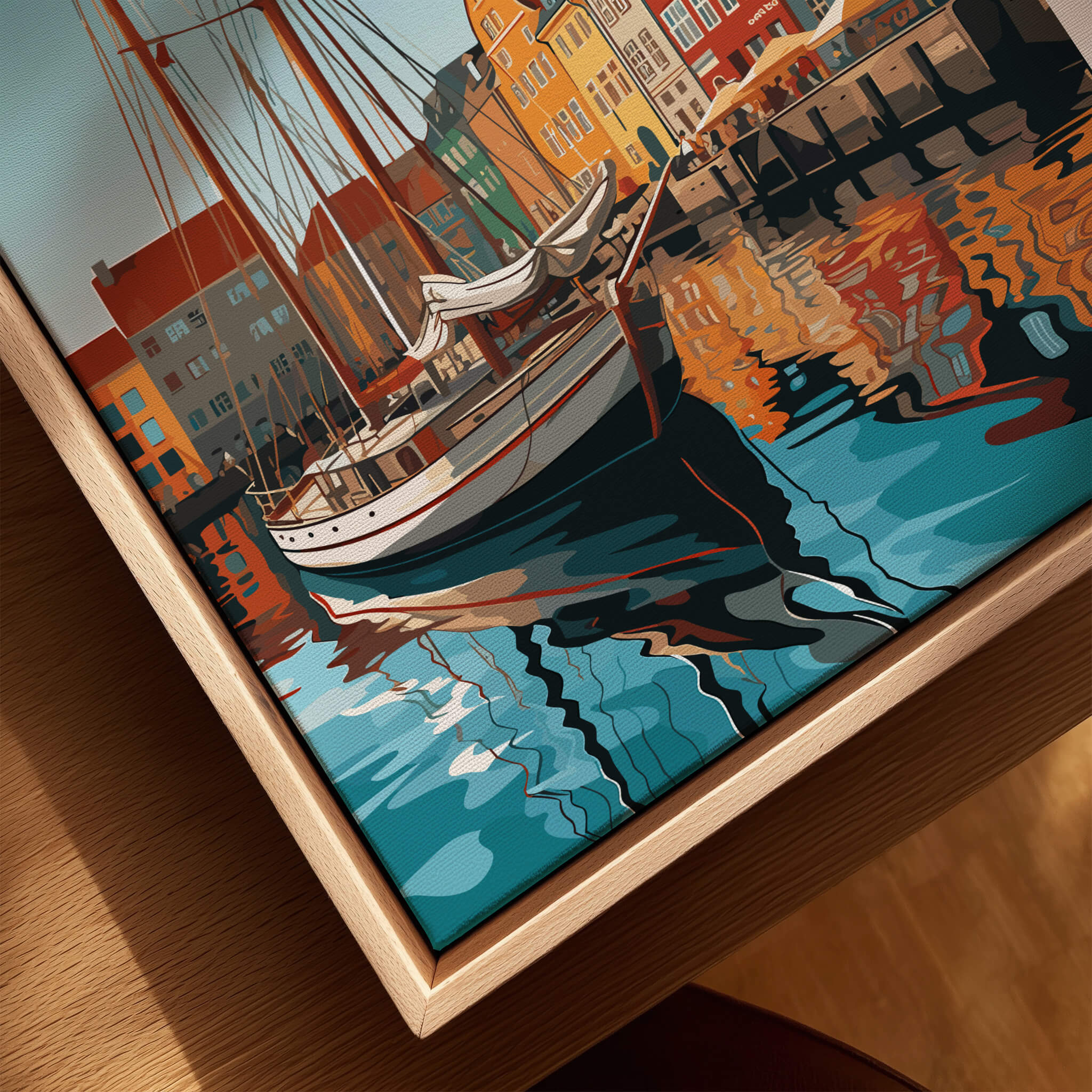 Copenhagen Travel Poster Print featuring a vibrant artwork of a boat in Copenhagen's harbor with colorful reflections.
