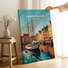 Copenhagen Travel Poster Print featuring a serene marina scene with colorful buildings and a sailboat in Denmark.