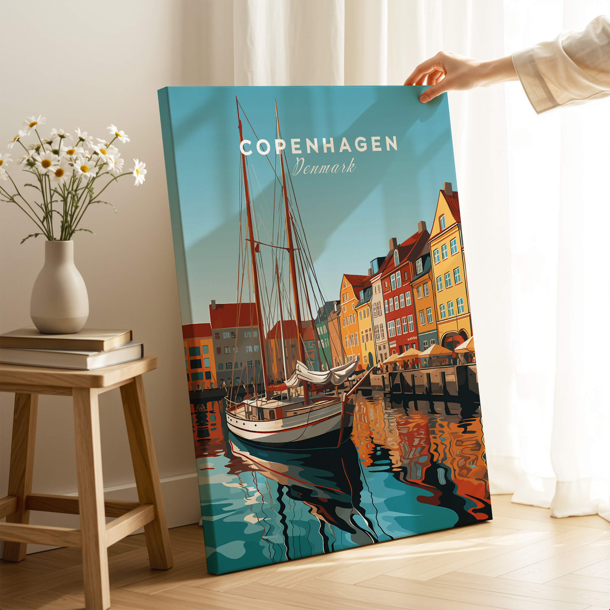 Copenhagen Travel Poster Print featuring a serene marina scene with colorful buildings and a sailboat in Denmark.