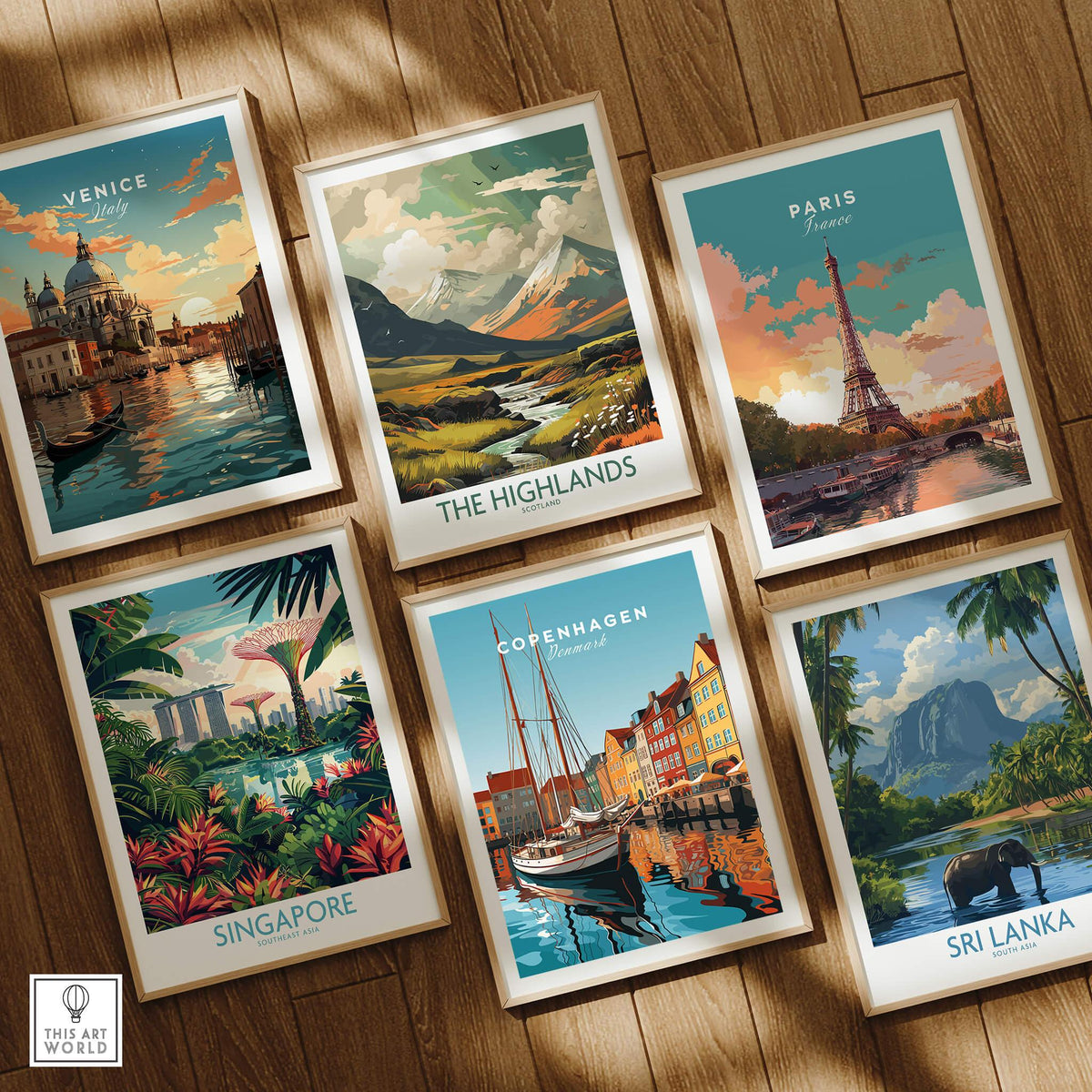 Copenhagen Travel Poster Print among other travel posters on wooden floor showcasing vibrant city designs.