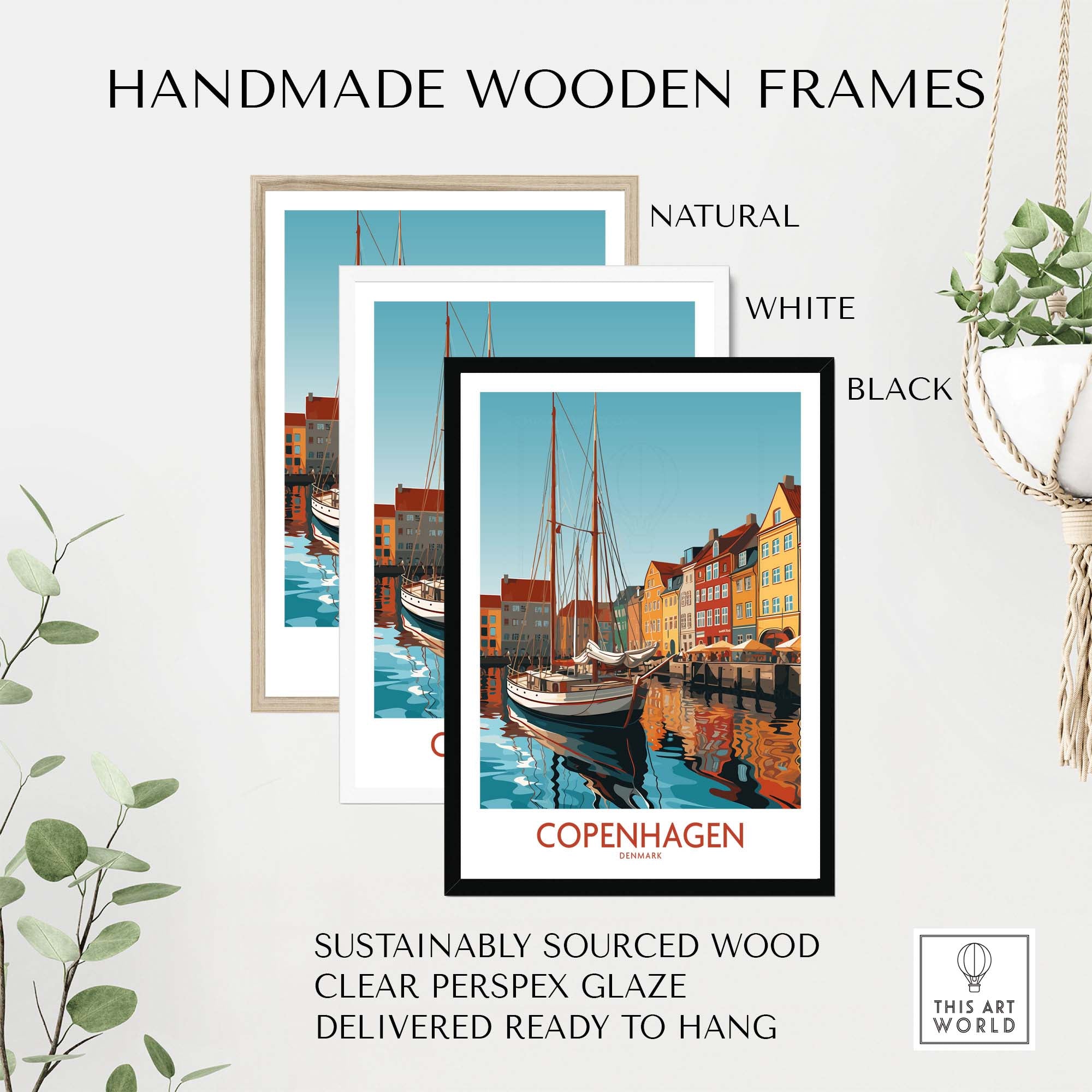 Handmade wooden frames in natural, white, and black for Copenhagen wall art, sustainably sourced and ready to hang.